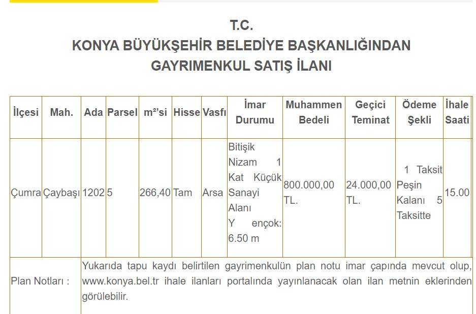 Konya'da 800 bin liraya sanayi imarlı arsa satılacak! Yetişen alıyor 10