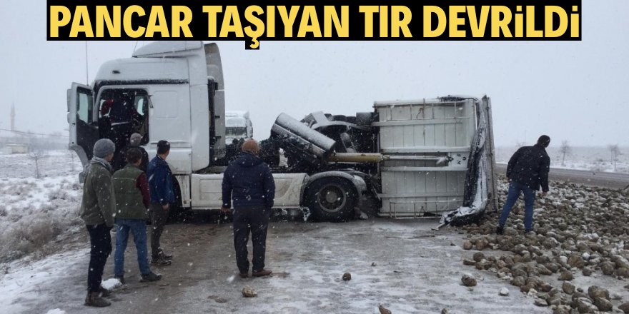 Pancar yüklü tır devrildi, karayolu pancar tarlasına döndü