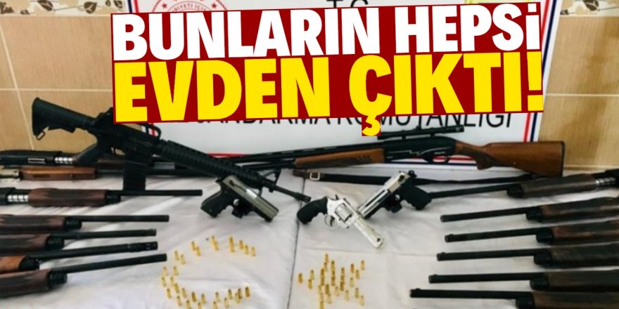 Baskın yapılan evde 18 tüfek ve 3 tabanca bulundu