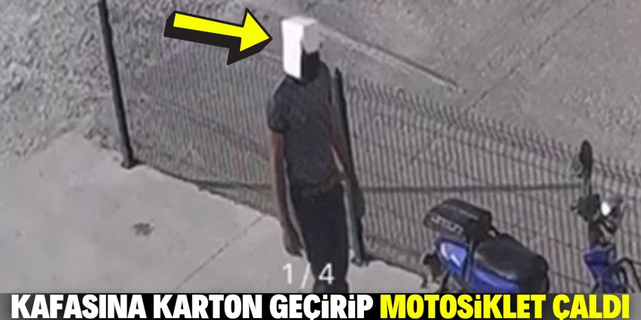 Konya'da kafasına geçirdiği kartonla motosiklet çalan şüpheli kamerada