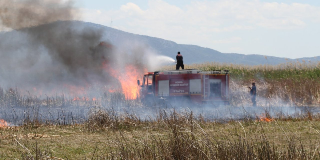 Beyşehir Gölü kıyılarındaki sazlık alanda çıkan yangın itfaiye ekiplerince kontrol altına alındı