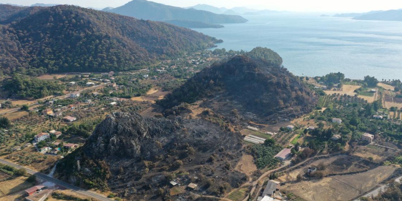 Kızkumu Plajı çevresinde yanan ormanlık alanlar havadan görüntülendi