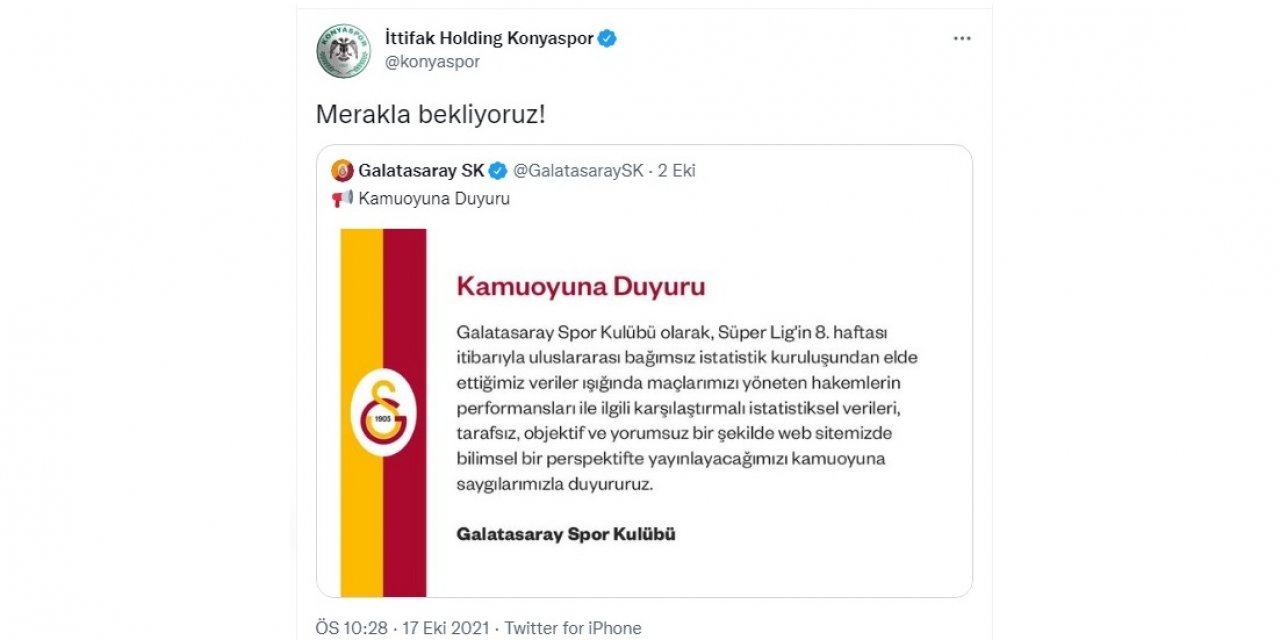 Konyaspor'dan Galatasaray'a: Merakla bekliyoruz