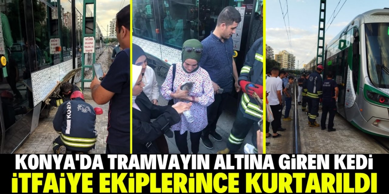 Konya'da tramvayın altına giren yavru kediyi kurtarmak için itfaiye ve vatandaş seferber oldu