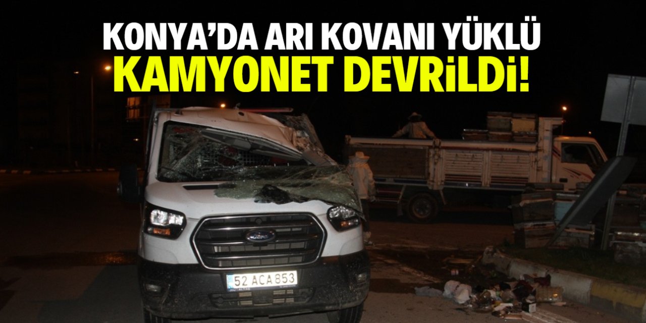 Konya'da arı kovanı yüklü kamyonet devrildi! Polis hastanelik oldu