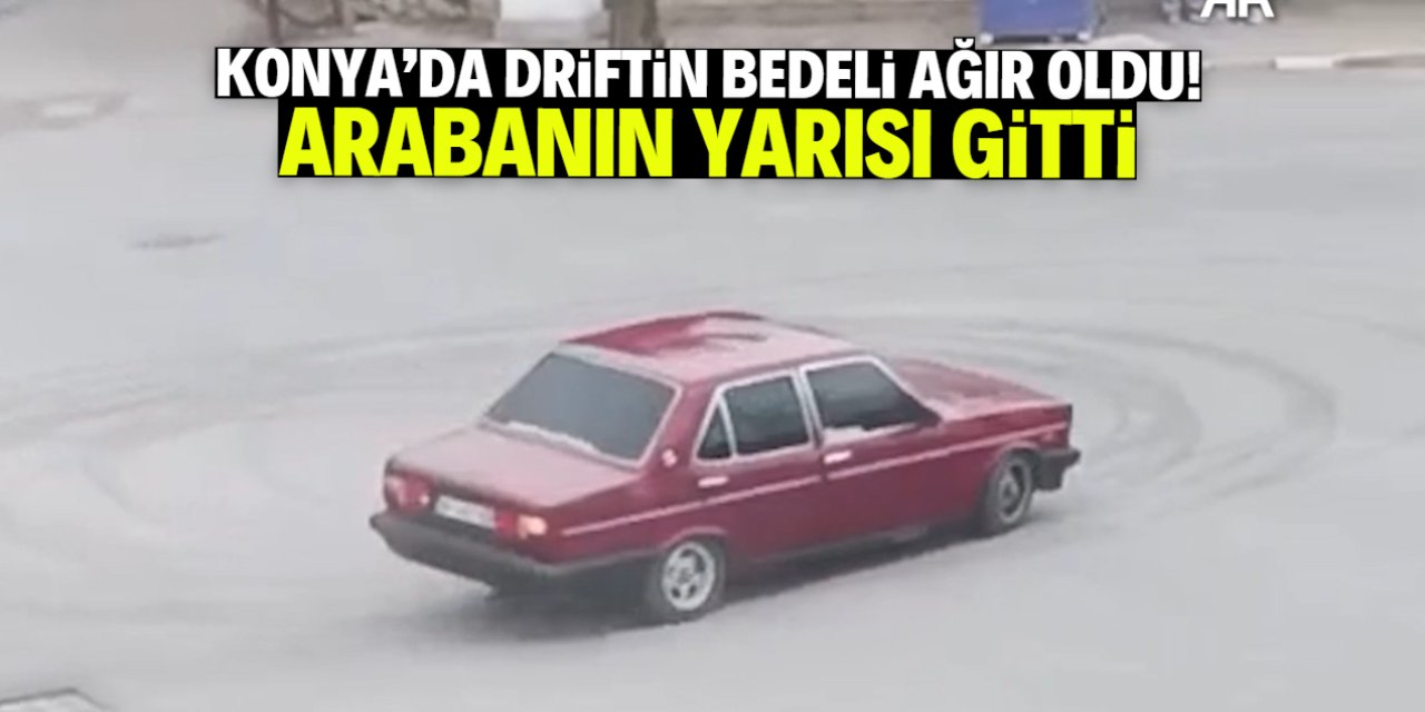 Konya'da driftin bedeli ağır oldu! Arabanın yarısı gitti
