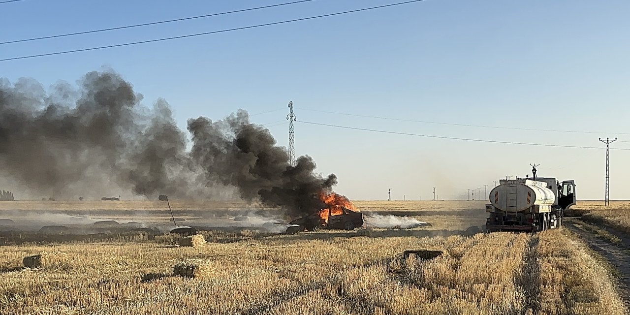 Alev alan otomobille birlikte arazi de kül oldu