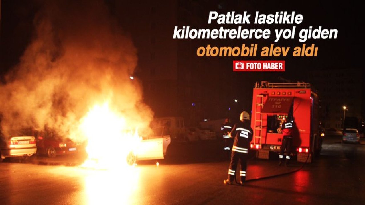 Patlak lastikle ilerleyen otomobil alev aldı