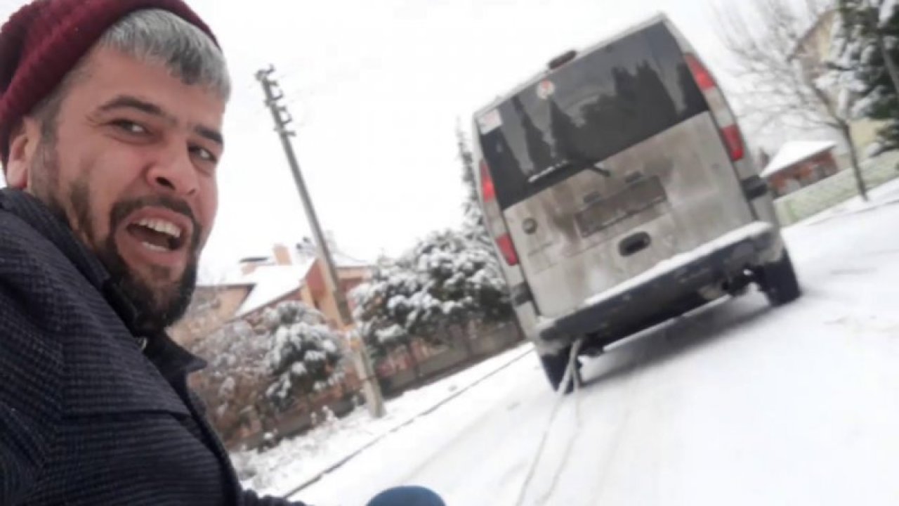 Karda araba arkasında kayak yapan Konyalılar güldürdü