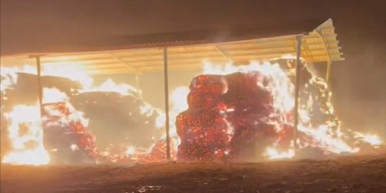 Konya'da çiftlikte çıkan yangında saman balyaları yandı