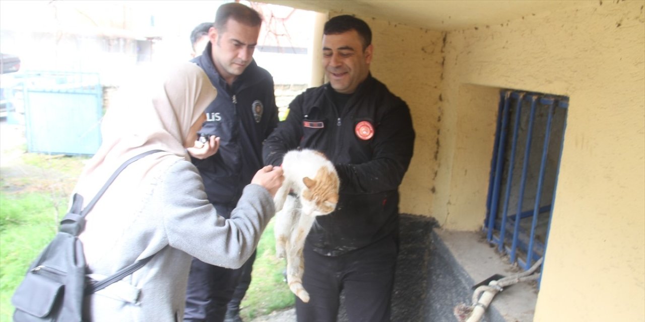 Konya'da bodrumda mahsur kalan kediyi kurtarıldı