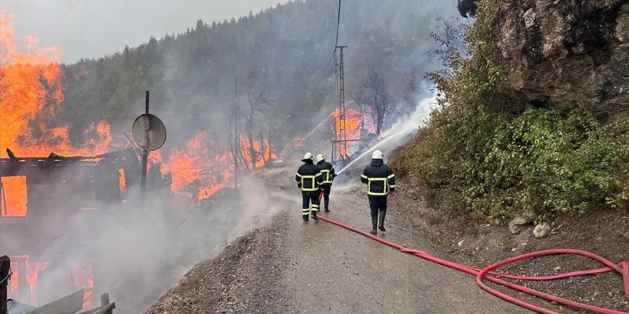 Köy yangınına müdahale ediliyor