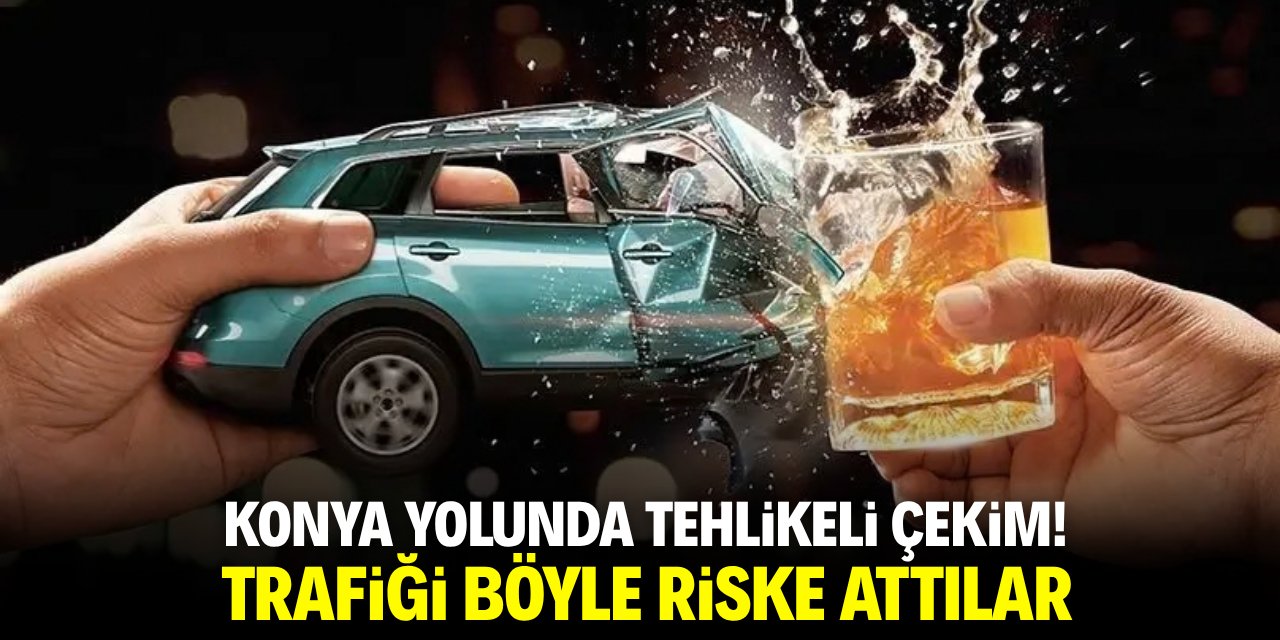 Konya yolunda tehlikeli çekim! Trafiği böyle riske attılar