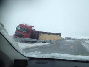 Buğday yüklü TIR devrildi