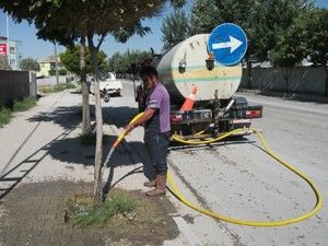Karapınarda ağaçlar su tanklarıyla sulanıyor