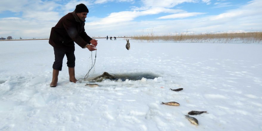 Balıkçılar donan goldeki buzları motorlu testereyle kesip avlanıyor