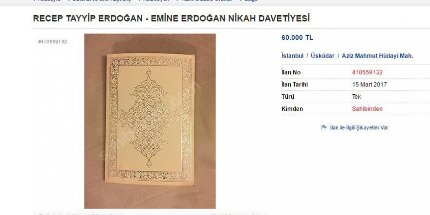 Erdoğan çiftinin nikah davetiyesi internetten satışa çıkarıldı