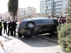 Otomobil ağaçta asılı kaldı